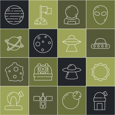 Gezegen ve ikonun yörüngesindeki Astronomik Gözlemevi Güneş UFO uzay gemisi astronot kaskı Gezegen Mars Uyduları 'nı ayarlayın. Vektör.