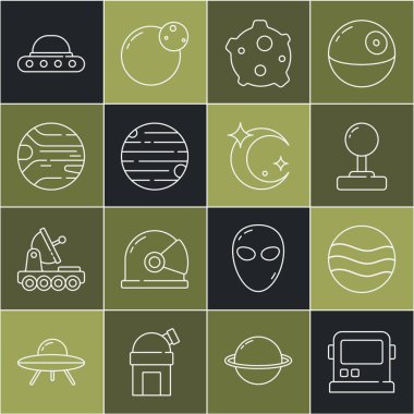 Çizgiyi Astronot miğferi Gezegen Joystick UFO uçan uzay gemisi ve Ay ve yıldız ikonu olarak ayarla. Vektör.