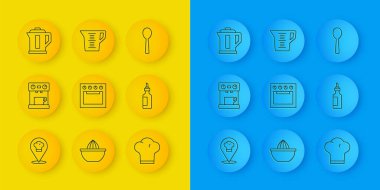 Chef 'in şapkasını konumu ile ayarla. Kahve makinası, fırın, zeytin yağı, su ısıtıcısı kaşığı ve ölçü kabı ikonu. Vektör.