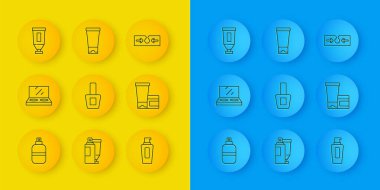 Aynalı tırnak cilası şişesi, şampuan kremi losyonu, kozmetik tüp ve ikon ile parfüm makyaj tozu hazırla. Vektör.