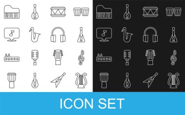 Kadim Lir Üçlü Anahtarı Gitar Davulu Müzik enstrümanı saksafon ton Grand piano ve Kulaklık ikonu. Vektör.