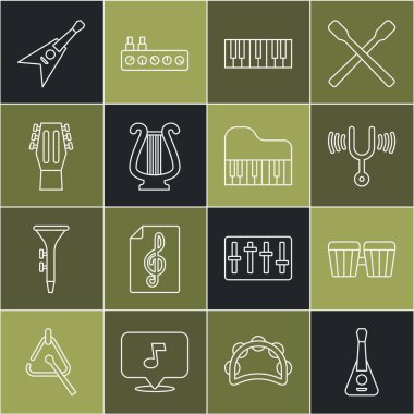 Gitar Davulu Müzik Akort Çatalı Sentezleyicisi Ancient Electric bas gitar ve Grand piano ikonu. Vektör.