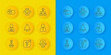 Hristiyan Haç Hattı, dua pozisyonunda kilise çanı, din adamı Paskalya yumurtası ve kutsal ikon. Vektör.