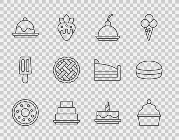 设置线多努特蛋糕樱桃芝士蛋糕自制派与燃烧的蜡烛和马卡龙饼干图标 — 图库矢量图片