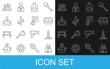 Aroma yayıcı, sabun şişesi, votka Bambu Kamp Ateşi ve Sauna termometre ikonu. Vektör.