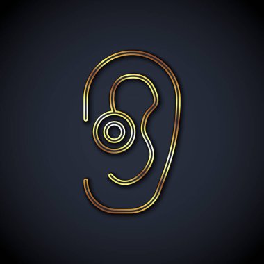 Altın çizgili İşitme cihazı simgesi siyah arkaplanda izole edildi. Kulak ve işitme. Vektör.
