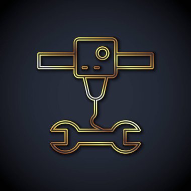 Altın çizgili 3D yazıcı anahtarı anahtarı simgesi siyah arkaplanda izole edildi. 3D baskı. Vektör.