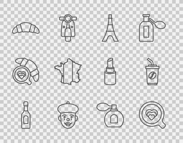 设置系列香槟瓶咖啡杯埃菲尔铁塔法国哑剧克罗桑地图法国香水和去图标 — 图库矢量图片