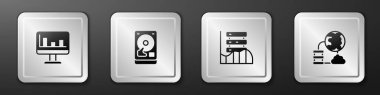 Grafik grafiği, Sabit disk sürücüsü HDD, Sunucu, Data, Web Sunucusu ve Ağ Bulut bağlantısı simgesi ile monitörü ayarla. Gümüş kare düğme. Vektör.