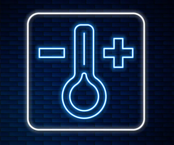 Gloeiende Neon Lijn Meteorologie Thermometer Meten Pictogram Geïsoleerd Baksteen Muur — Stockvector