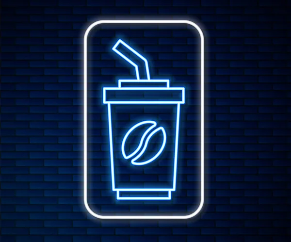 Leuchtende Neon Linie Kaffeetasse Symbol Isoliert Auf Backsteinwand Hintergrund Vektor — Stockvektor