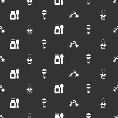 Çocuklar için bisiklet ayarlayın. Bebek emzik Yoğurt şişede, kaşıkla ve tıkırdayan bebek oyuncağıyla. Vektör.