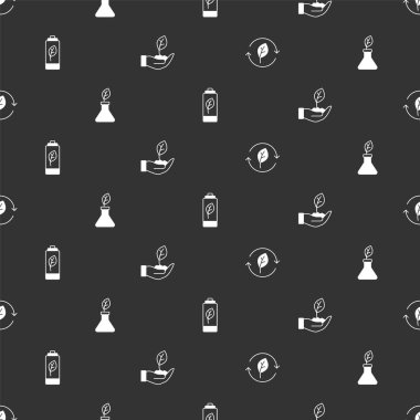 Geri dönüşüm sembolünü yaprak bitkisi üreten Eko doğa bataryası ve pürüzsüz desen üzerine yerleştirin. Vektör.