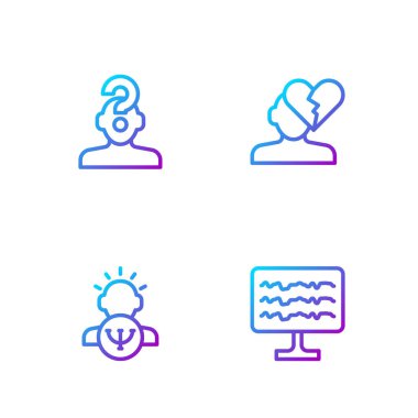 Ensefalogram İnsan Psikolojisi 'ni soru işareti ve kırık kalp ya da boşanma ile ayarla. Renk simgeleri. Vektör.