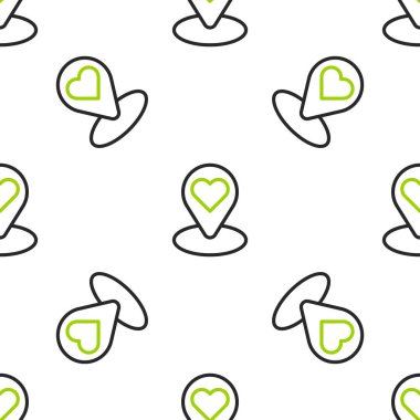 Kalp simgesine sahip çizgi haritası işaretleyicisi beyaz arkaplanda izole edilmiş pürüzsüz desen. Sevgililer Günü. Aşk yeri. Romantik harita iğnesi. Vektör.