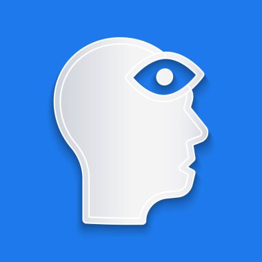 Mavi arka planda üçüncü göz simgesi olan kağıt kesiği adam. Meditasyon konsepti, enerji vizyonu, aura. Kağıt sanatı tarzı. Vektör.