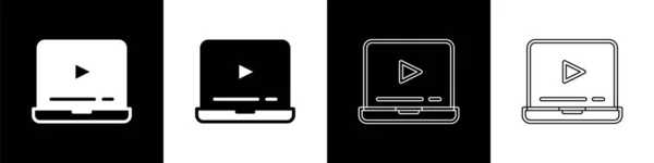 Set Online Play Video Icon Isolated Black White Background Laptop — Stock Vector