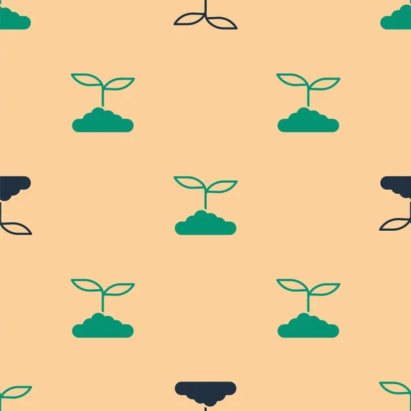 Grünes Und Schwarzes Teeblatt Symbol Isoliert Nahtlose Muster Auf Beigem — Stockvektor