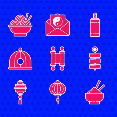 Kâğıt parşömen parşömeni, Çin feneri pirinç kasesi, Firework şapkası ve Asya erişte ikonu. Vektör.