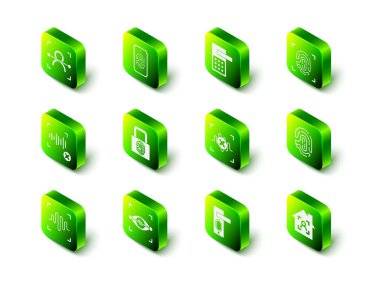 Mobil parmak izi taraması ile dijital kapı kilidi parmak izi akıllı yüz tanıma ses tanıma ve göz tanıma simgesini ayarla. Vektör.