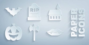 Balta Kalesi Balkabağı Vampir Tombstone 'u RIP yazılı ve uçan yarasa ikonlu ayarla. Vektör.