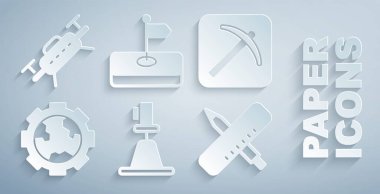 Tacheometre teodolite Pickaxe Gear tekerleklerini ve çapraz cetvel kalem bayrağı ve İHA simgesini ayarla. Vektör.