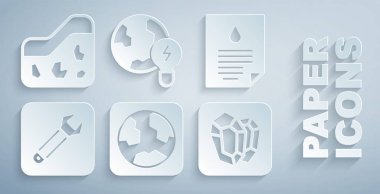 Küresel Küresel Taş Gezegen 'e Ampul ve Yeryüzü ikonu ile Wrench anahtar taşını bırakın. Vektör.