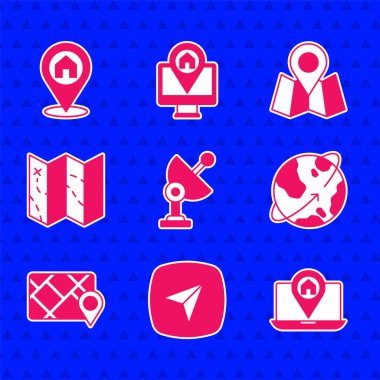 Radar Şehri harita navigasyon uydularını, Dünya GPS cihazının yörüngesinde katlanmış konum işaretleyicisi ve konum ikonu ile ayarla. Vektör.