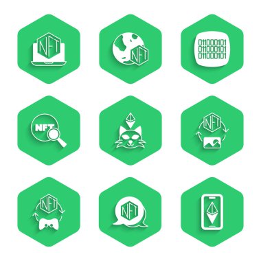 NFT Dijital Şifreleme Sanatı Ethereum ETH Arama İkili kodunu ve dizüstünü uygulama simgesiyle ayarla. Vektör.