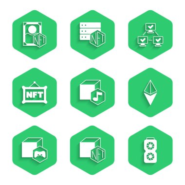 NFT Dijital Şifreleme Sanatı Video Grafik Kartı Ethereum ETH engelleme teknolojisi ve simgesini ayarla. Vektör.