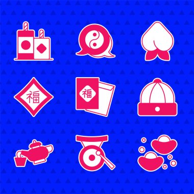 Çin Yeni Yıl Gong müzik aleti şans kurabiyesi şapka çay seremonisi şeftali ve havai fişek ikonu. Vektör.