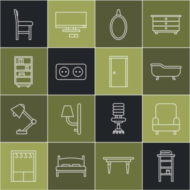 Sıralı banyo rafını havlular için raflarla donatın Kollu Küvet Ayna Ayna Elektrik Kütüphanesi Kütüphane Sandalyesi ve Kapalı Kapı ikonu. Vektör.