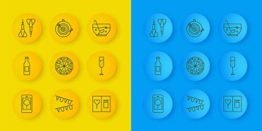 Telefon hattını, bira şişesi, pizza kartı, şampanya kadehi, dart oku, karışık punç kasesi ve klasik dart tahtası ve ikon ile ayarla. Vektör.