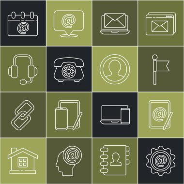 Satır Posta ve e-posta işaretleme dizüstü bilgisayarını telefon kulaklıkları ile ayarla. Takvim e- postası ve hesap ekran simgesi oluştur. Vektör.