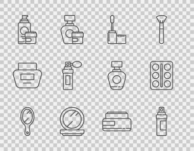 El aynası parfümü Mascara makyaj tozu krem losyon kozmetik tüp ve göz gölgesi palet ikonu ile ayarlayın. Vektör.