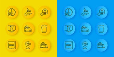 Pizza hattını karton kafe ve restoranın bulunduğu yere ayarla kahve fincanı ile hızlı teslimat 24 saat online sipariş ve ikon. Vektör.