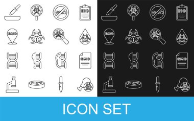 Gmo araştırma tavuğu GMO Biyolojik Tehlike Sembolü yok Pipette ve büyüteç simgesi. Vektör.