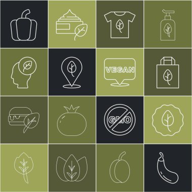 Patlıcan Yaprağı ya da geri dönüşümlü Vegan Tişört Diyet İnsan kafa yaprağını Bell biberi ve ikonunun içine koy. Vektör.