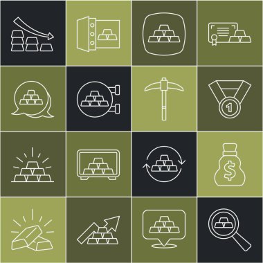 Altın külçeler Eski para çantası madalyası kuyumcu Altın ve kazma ikonlu Düşen ok. Vektör.