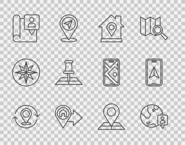 Establecer Línea Mapa Pin Ubicación Mundo Con Casa Marcador Ubicación — Archivo Imágenes Vectoriales