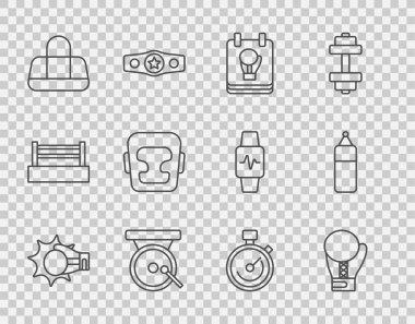 Boks eldivenine çizgi yumruğu yerleştir boks gong spor çantalı kask kask Stopwatch ve yumruk ikonu. Vektör.