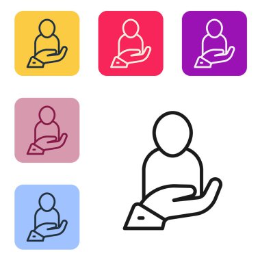 Siyah çizgi Hayat Sigortası beyaz arka planda izole edilmiş bir el ikonu. Güvenlik, güvenlik, koruma, konsept koruma. Renkli kare düğmelerle simgeleri ayarla. Vektör.