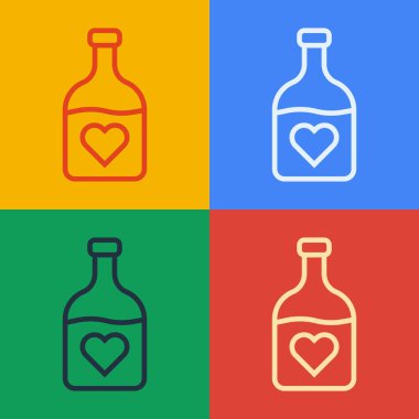 Aşk iksiri ikonu içeren pop sanat eseri şişesi renk arkaplanında izole edilmiş. Sevgililer günün kutlu olsun. Vektör.