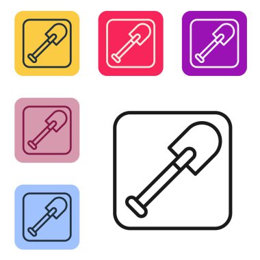 Siyah çizgi kürek simgesi beyaz arkaplanda izole edildi. Bahçe aletleri. Bahçecilik, tarım, çiftçilik aleti. Renkli kare düğmelerle simgeleri ayarla. Vektör.