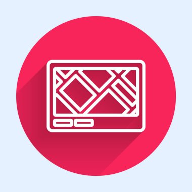 Harita simgesine sahip uzun gölgeli beyaz çizgi GPS cihazı. Kırmızı daire düğmesi. Vektör.