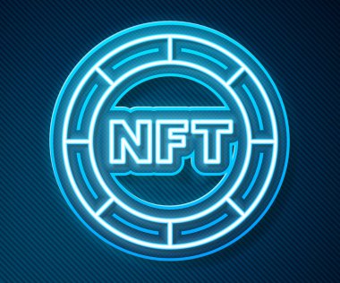 Parlayan neon hattı NFT dijital şifreleme resim simgesi mavi arkaplanda izole edildi. Para iadesi olmayan jeton. Vektör.