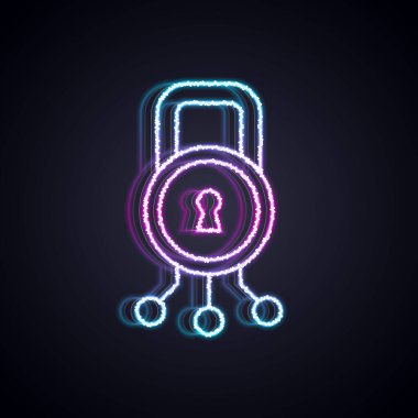 Parlayan neon hattı siber güvenlik simgesi siyah arkaplanda izole edildi. Dijital devre kartında kapalı asma kilit. Güvenlik kavramı. Dijital veri koruması. Vektör.