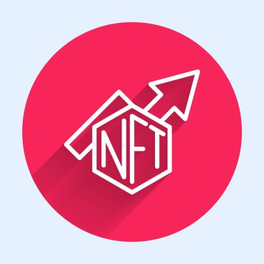 Beyaz çizgi NFT büyüme çubuğu simgesi uzun gölge arkaplan izole. Para iadesi olmayan jeton. Dijital kripto sanat konsepti. Kırmızı daire düğmesi. Vektör.