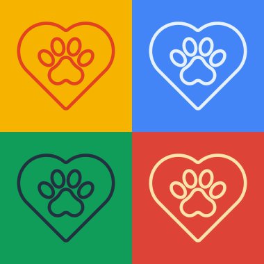 Popüler sanat çizgisi, arka planda izole edilmiş hayvanların ayak izi ikonu olan kalp. Yüreğindeki evcil hayvan pençesi. Hayvanlara sevgiler. Vektör.