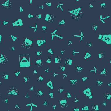 Kazma Altın Çubuk Elmas nişan yüzüğünü kutuya, eski para çantasını da kusursuz desenli çantaya koy. Vektör.